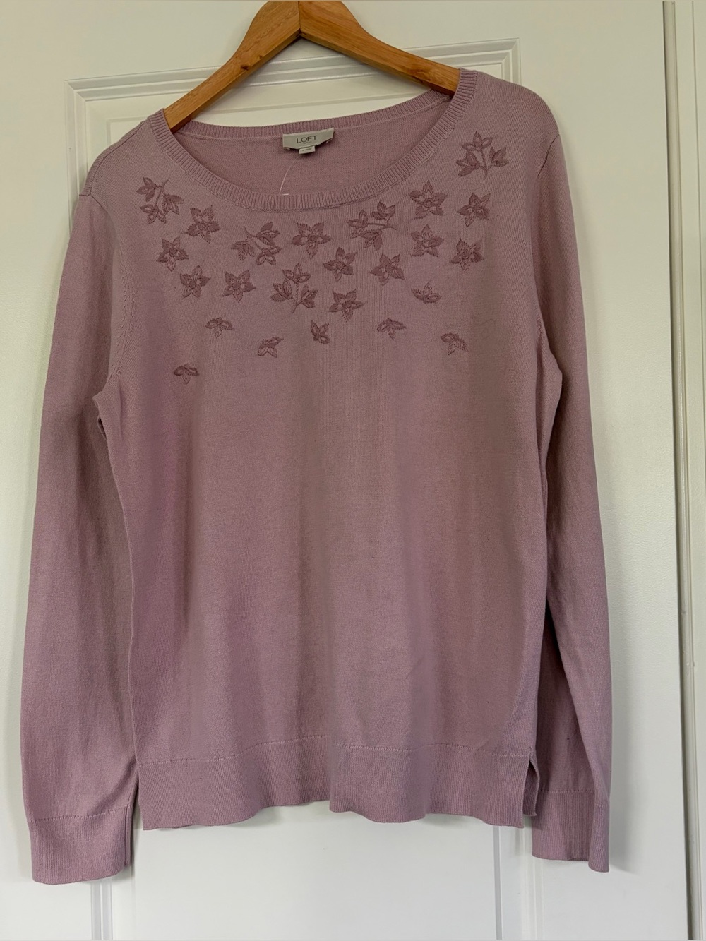 LOFT Mauve Floral Embroidered Sweater